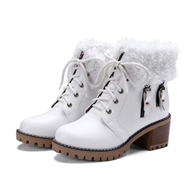 Imagem de Bigfanshu Botas femininas de cano baixo, modelos de cano redondo, moda grossa, com tubo curto, cor sólida, salto alto selvagem, Branco, 36 M EU