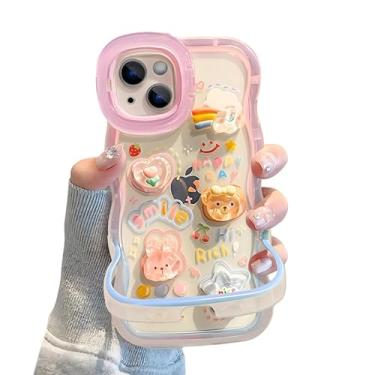 Imagem de Dzdcase Capa projetada para iPhone, linda moldura ondulada de água 3D urso coelho suporte macio ao toque capa protetora à prova de choque (iPhone 17 Pro, rosa)