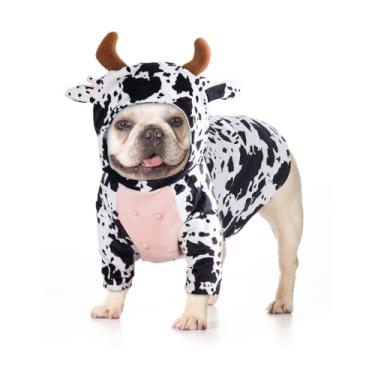 Imagem de DELIFUR Fantasia de vaca do Dia das Bruxas Frenchie – Adorável Roupa de Férias Moletom com Capuz Animal Cosplay para Bulldog Francês Padrão Elástico (Grande)