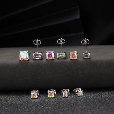 Imagem de Brincos de ouro prata para mulheres e homens, conjunto de 5 pares de brincos quadrados, brincos de zircônia cúbica corte princesa, brincos masculinos de aço inoxidável de 3 a 7 mm, standard, Aço