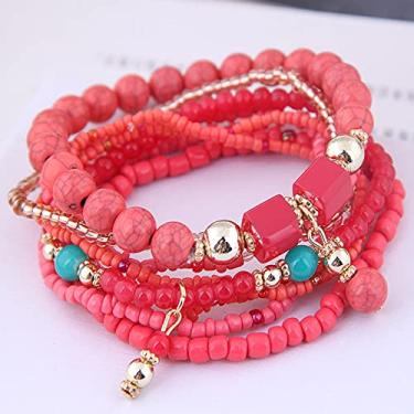 Imagem de 8 peças/conjunto de pulseiras boêmias empilháveis com contas, pulseiras feitas à mão com cordão em camadas, pulseiras Boho Crysta para mulheres, 5-10cm, Metal Pérola Metal Miçanga, Sem Pedra Preciosa