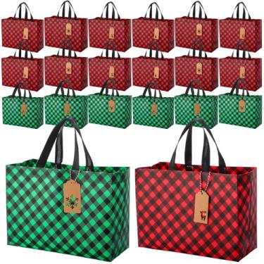 Imagem de Clysee 24 sacos grandes de presente de Natal com 25 etiquetas de presente, 30 x 24 x 14 cm, sacolas reutilizáveis com alças, xadrez búfalo, não tecido, para presentes de festa de Natal (xadrez