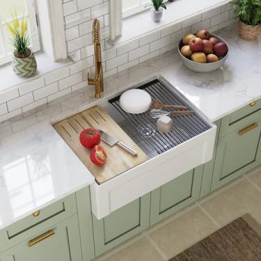 Imagem de DeerValley Pia branca para estação de trabalho de fazenda 76,2 cm, avental de tigela única reversível, pia de cozinha frontal, pia de fazenda com borda e acessórios