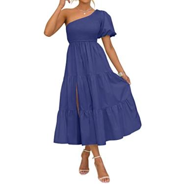 Imagem de ZESICA Vestido midi feminino boho de verão de um ombro só, manga curta, franzido lateral, fenda lateral, Azul royal, M
