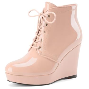 Imagem de Perisis Botas femininas de cano curto plataforma plataforma bico redondo cadarço salto cunha botas patentes botas sociais 10 cm sapatos confortáveis, Rosa bebê, 40