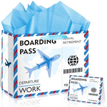 Imagem de Saco de presente de aposentadoria grande azul para embrulhar presente de aposentadoria com lenço de papel, cartão de felicitações, cartão de embarque, bolsa de lembrancinhas de festa reamarrada para