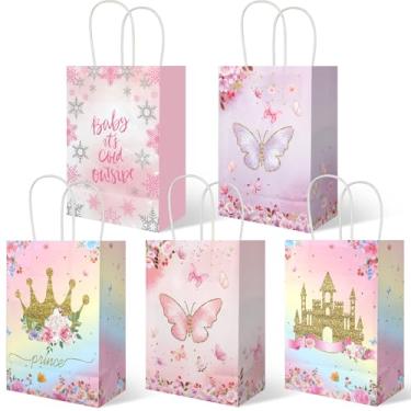 Imagem de 20 peças de sacos de presente de princesa príncipe com alças, borboleta floral castelo coroa lembrancinha de festa, sacos de doces sacos de papel para chá de bebê princesa suprimentos de festa de