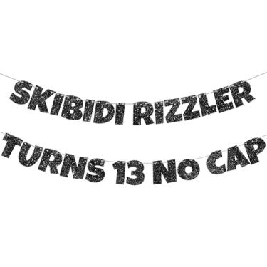 Imagem de Skibidi Rizzler Turns 13 Banner No Cap - Decorações pré-amarradas de aniversário de 13 anos, faixa de festa com glitter para decorações de meninos de 13 anos, artigos de festa de meme Geração Z (preto