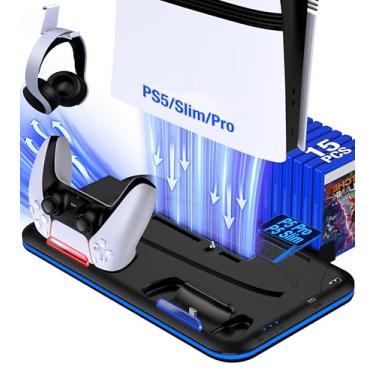 Imagem de EUROA Suporte PS5 com estação de resfriamento e estação de carregamento de controle para console PlayStation 5 Slim, carregador de controle PS5, suporte de resfriamento, luz LED, suporte de fone de