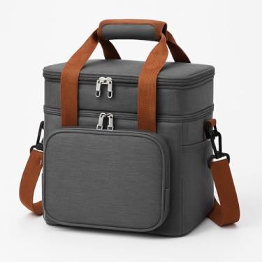 Imagem de Bolsa Térmica Dupla Camada para Almoço e Marmita, Preta com Alças Marrons, Compartimentos Isolados, Zíper Duplo, Alça Ajustável (cinza)