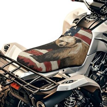 Imagem de gearider Capa de assento Bear ATV macia antiderrapante 4 rodas bandeira americana tecido de poliéster elástico respirável impermeável, ajuste universal para a maioria dos quadriciclos