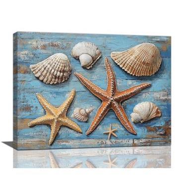 Imagem de Olivine Arte de parede de concha, decoração de parede de imagens de estrelas do mar costeiras, pintura temática do oceano, impressões em tela de concha azul, arte emoldurada para banheiro, quarto