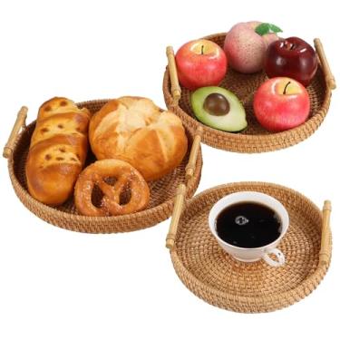 Imagem de Chewtoyo Bandejas de vime redondas de vime trançadas à mão, armazenamento para café, pão, com bandeja de frutas, 3 cestos, bebidas, lanches, bandeja tecida