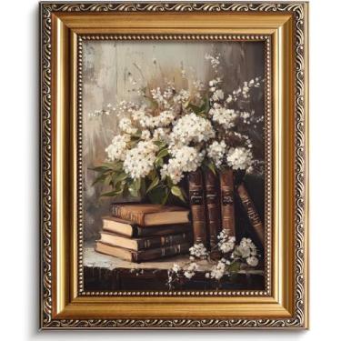 Imagem de Vodefoad Arte de parede vintage com moldura dourada de livros e flores antigas, Dark Academia, decoração Moody Books and Flowers Canvas Art Prints Painting Retro Rustic Floral Wall Decor Frame Art for