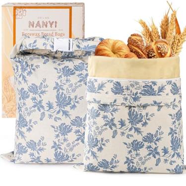 Imagem de Pacote com 2 sacos de pão de cera de abelha reutilizáveis para massa fermentada e pão caseiro, sacos encerados de algodão mantêm frescos por mais tempo (flor marinha)