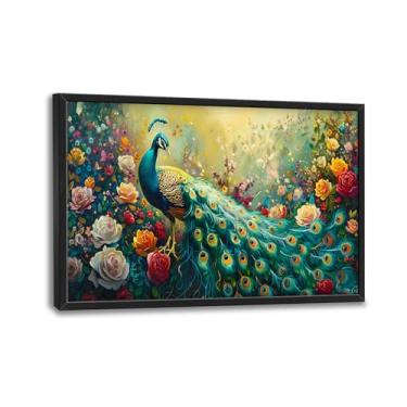 Imagem de Trimety Arte de parede de pavão para sala de estar tamanho extra grande flor pintura a óleo decoração de parede grande impressões em tela floral imagens gigantes arte emoldurada casa sala de jantar