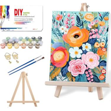 Imagem de Tiwabb Kit de pintura de flores por números para adultos iniciantes com cavalete, kits de pintura fácil para adultos por números em tela, pintura faça você mesmo para iniciantes, arte por números
