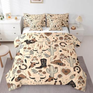 Imagem de Manfei Conjunto de edredom queen de caubói com 7 peças, estilo faroeste americano, botas de caubói retrô com caveira, chapéus, cama em uma bolsa com edredom, lençóis e fronhas, decoração de quarto