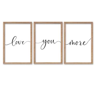 Imagem de SRSZHIYUE Decoração de parede de quarto Love You More Letreiro 40,6 cm × 28 cm conjunto de 3 placas emolduradas acima da cama arte de parede para decoração de quarto principal (madeira)