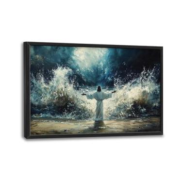Imagem de Olivine Arte de parede cristã, decoração de parede com imagens de Jesus, pintura religiosa de Cristo, impressões em tela de Jesus andando na água, arte emoldurada para sala de estar, quarto, banheiro