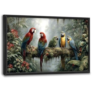Imagem de Arte de parede grande para sala de estar, tela de papagaio, decoração de parede, pinturas de pássaros, pinturas de floresta tropical, grandes obras de arte emolduradas, decorações modernas para