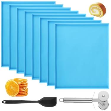 Imagem de Conjunto de 8 bandejas desidratadoras de silicone com raspador e cortador de pizza, tapetes antiaderentes para couro de frutas, legumes, carne, ideal para assar