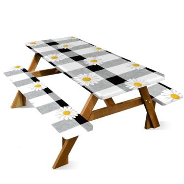 Imagem de ANNA QUEEN Conjunto de capa de mesa de piquenique com girassol de 1,82 m x 76 cm, à prova d'água, banco e toalha de mesa, proteção de móveis para acampamento, praia, churrasco, pátio, quintal