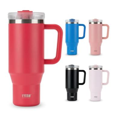 Imagem de TYESO Garrafa de água isolada a vácuo garrafa de aço inoxidável com isolamento frio caneca com alça de canudo de parede dupla boca larga (vermelho rosa, 1,134 g)