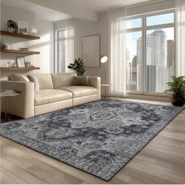 Imagem de Tapetes laváveis 12 x 18 cm para sala de estar, tapete fino para quarto, tapete retrô de lã sintética macia para sala de jantar, antiderrapante e resistente a derramamentos, tapete vintage estampado