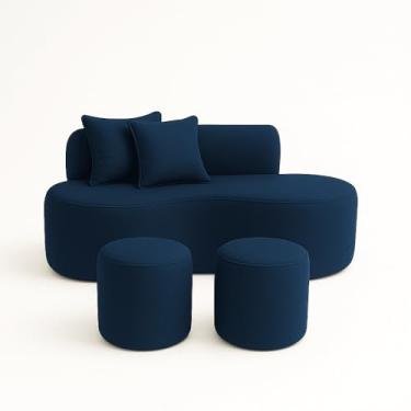 Imagem de Conjunto Sofá Curvo Orgânico + 2Puffs Nature Gaia Suede Azul Marinho - Montanaris Decor