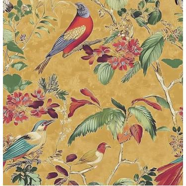 Imagem de Papel de parede vintage floral pássaro descascar e colar, papel de contato amarelo boho, papel de parede botânico retrô autoadesivo removível à prova d'água para paredes de quarto, prateleiras