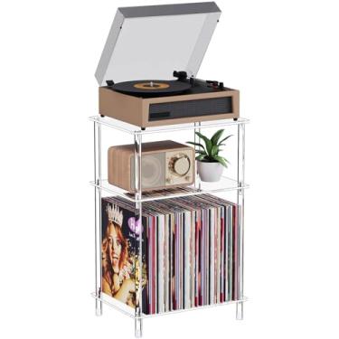 Imagem de Bekugee Suporte para toca-discos de acrílico transparente com armazenamento de vinil, 40 cm C x 30 cm L x 62 cm A, mesa giratória lateral pequena de 3 níveis com prateleira de álbum, mesa de cabeceira