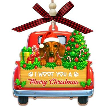 Imagem de I Woof You A Merry Christmas - Dachshund Red Dog in Truck Enfeite de madeira de 2 camadas - Decoração de férias rústica fofa - presente para amantes de cães e donos de animais de estimação