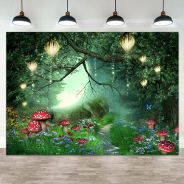 Imagem de ASDCXZ 1,8 x 1,2 m Fundo de floresta encantada primavera conto de fadas jardim fotografia fundo verde borboleta cogumelo país das maravilhas decoração faixa de aniversário infantil chá de bebê retrato