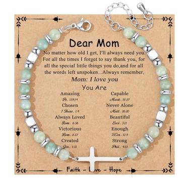 Imagem de JoycuFF Presentes Cristãos para Mulheres Pulseira Cruzada Fé Páscoa Católica Religiosa Joias Cristãs, Batismo Significativo Comunhão Contas Naturais Pulseiras, 7, Sem Pedra Preciosa