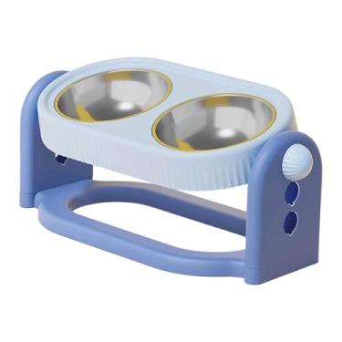 Imagem de Ｂｅｓｇａ Tigela elevada e inclinada para gatos, comedouro e bebedouro de aço inoxidável para cães de pequeno médio porte, com altura ajustável, Azul