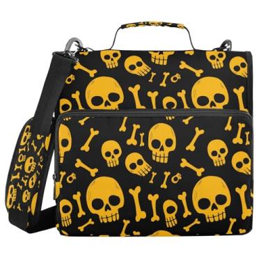 Imagem de SEHANY Fichário com zíper de caveira com alça de ombro, capacidade para 500 folhas, vários bolsos 3,8 cm para fichário com zíper e 3 anéis