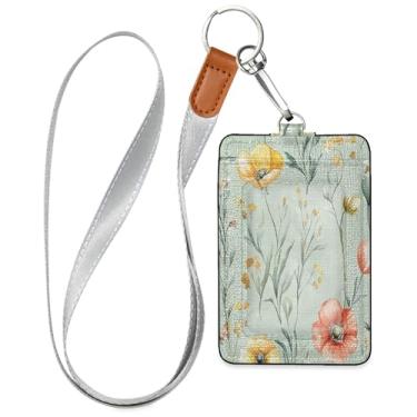 Imagem de SEHANY Porta-crachá de couro de flores silvestres verdes com cordão, porta-crachá de identificação com 1 janela transparente para identidade e 2 compartimentos para cartão para funcionários de