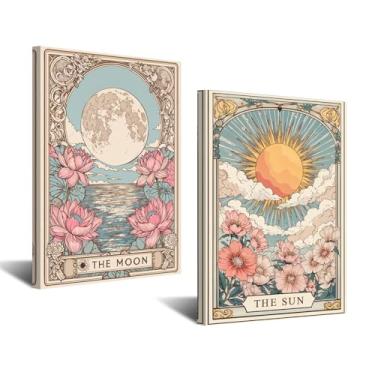 Imagem de CXHOSTENT Conjunto de arte de parede celestial com 2 impressões em tela de pintura de sol e lua, imagens temáticas místicas para escritório, quarto, decoração de casa emoldurada (azul-petróleo, 30 x