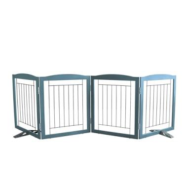 Imagem de ZJSF Cerca interna independente para cães, portão dobrável para portas, escadas ou corredores, portão extra largo de madeira resistente para animais de estimação com pés de suporte para casa, azul, 81