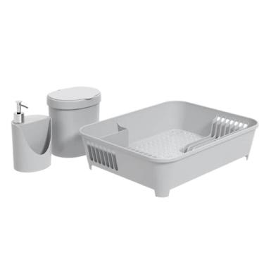 Imagem de Kit Escorredor + Lixeira + Dispenser, Cinza Frio, Coza