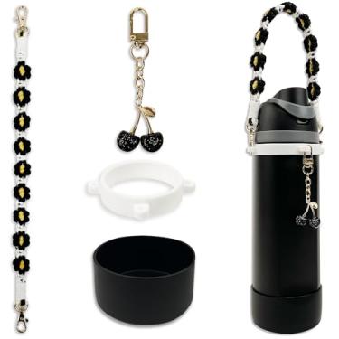 Imagem de BydGxy Conjunto de alça e bota protetora de silicone com pingente de cereja compatível com garrafa de água Owala 1,134 g e FreeSip, base de suporte de copo antiderrapante conjunto de acessórios Owala