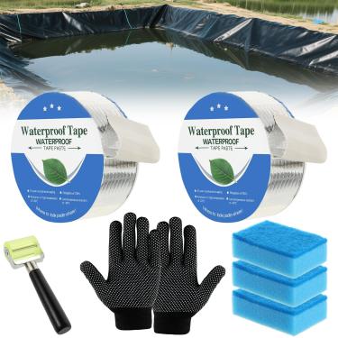 Imagem de 2 peças de fita de costura de forro de lago, kit de reparo de forro de lago, fita de costura impermeável dupla face, esponja e rolo e luvas, fita de costura de forro de lago se liga a lagoa de jardim