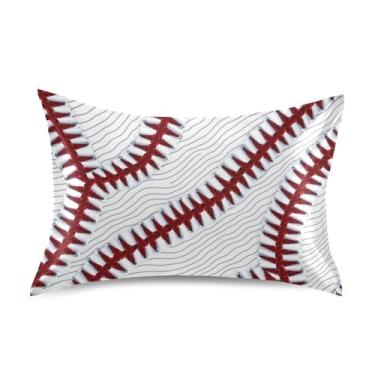 Imagem de Wassud Fronha de almofada de cetim e seda de renda vermelha de beisebol para cuidados com o cabelo, compatível com a pele, tamanho padrão, respirável, com fecho de envelope, resistente a rugas