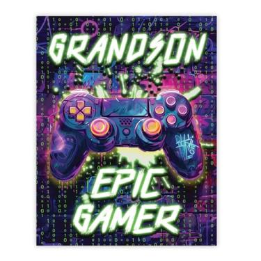 Imagem de Stuff4 Pôster de aniversário de neto sem moldura - Epic Gamer - Presentes exclusivos de feliz aniversário para netos da vovó babá, decoração de aniversário de 20 x 25 cm