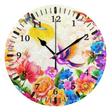 Imagem de CEBUGI Relógio de parede floral com pássaros operados por bateria, relógios de parede silenciosos sem tique-taque para cozinha, banheiro, quarto, escritório, decoração 25,4 cm