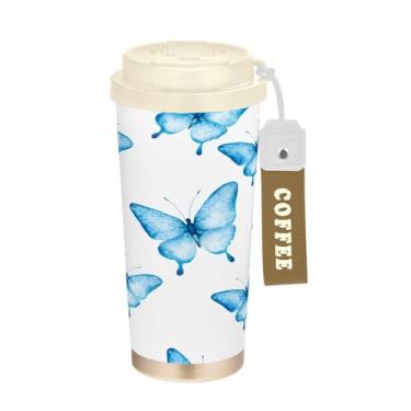 Imagem de Wassud Caneca de café de viagem com isolamento de borboletas azuis delicadas copo à prova de vazamento com tampa e canudo garrafa de água de aço inoxidável para café quente/gelo, chá e cerveja