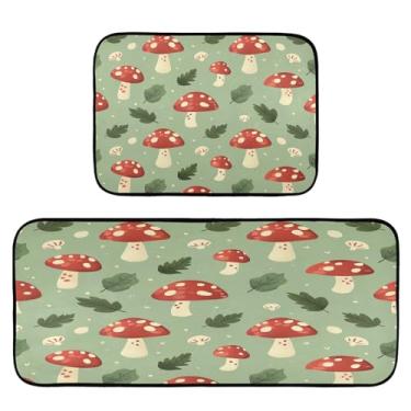 Imagem de Wassud Tapetes de cozinha de cogumelos e folhas para decoração de casa, tapetes de cozinha acolchoados, antifadiga, tapetes de cozinha, antiderrapante, lavável, itens essenciais, conjunto de 2