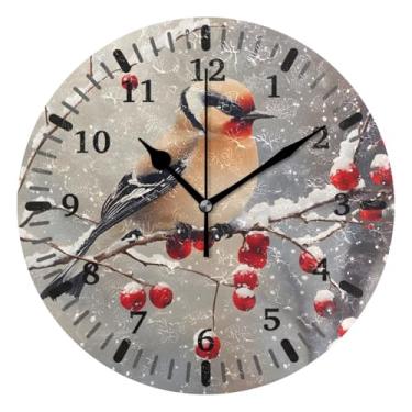 Imagem de CEBUGI 1 relógio de parede Waxwing Bird 1 relógio redondo operado por bateria relógios de parede silenciosos sem tique-taque para cozinha, banheiro, quarto, escritório, decoração 25,4 cm