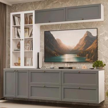 Imagem de Estante Sala de Estar com Rack + Cristaleira 230cm Branco/Cinza/Branco